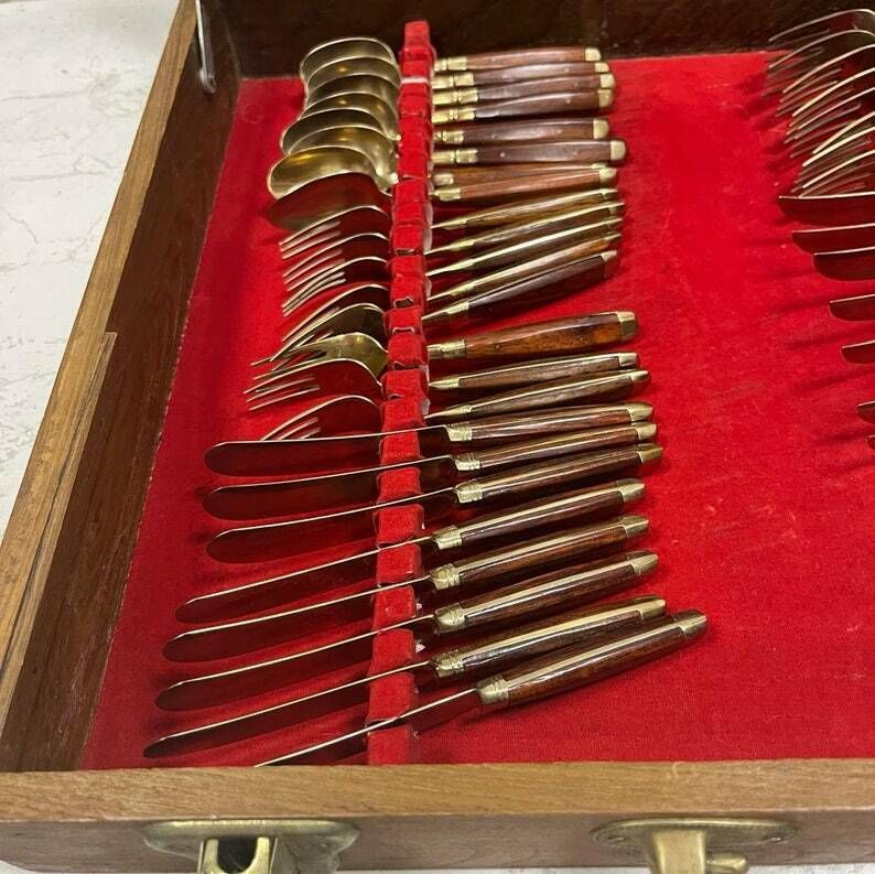 Italian Mid Century Teak Handled 100 Piece Table Setting Set / Flatware photo buy