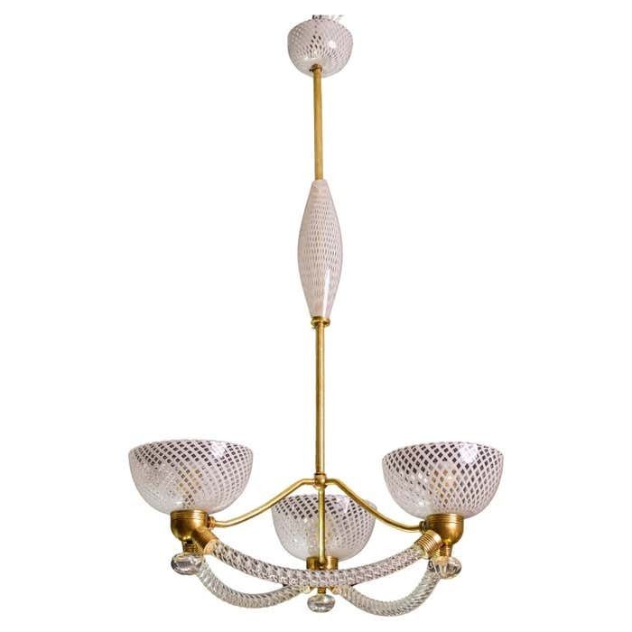 Elegant Art Deco Reticello Murano Glass Chandelier By Venini, 1940