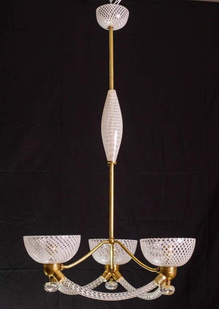 Elegant Art Deco Reticello Murano Glass Chandelier By Venini, 1940 photo for sale