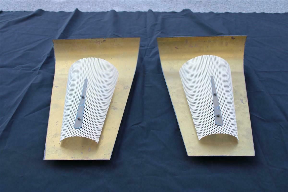 Pair Of French Mid Century Wall Lamps In Brass And Perforated Metal photo for sale