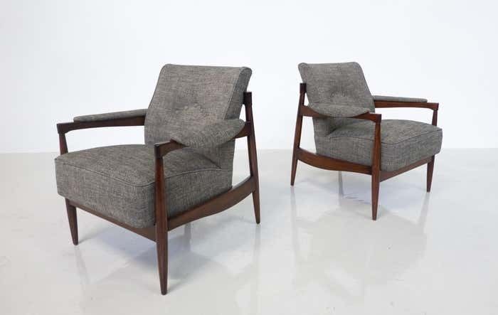 Mid Century Modern Pair Of Armchairs, Wood And Grey Fabric, Italy, 1960s photo for sale