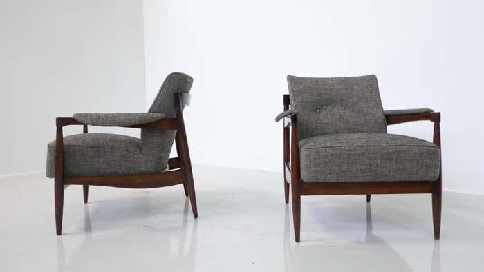 Mid Century Modern Pair Of Armchairs, Wood And Grey Fabric, Italy, 1960s photo Furniture