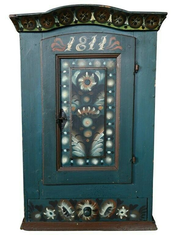 Original Blue Painted Antique Folk Art Swedish Cabinet