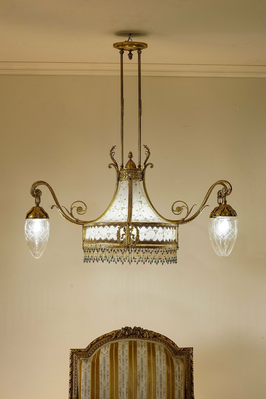 Art Nouveau Brass Chandelier, With A White And Gold Tulle Fabric Lampshade photo 2080.0