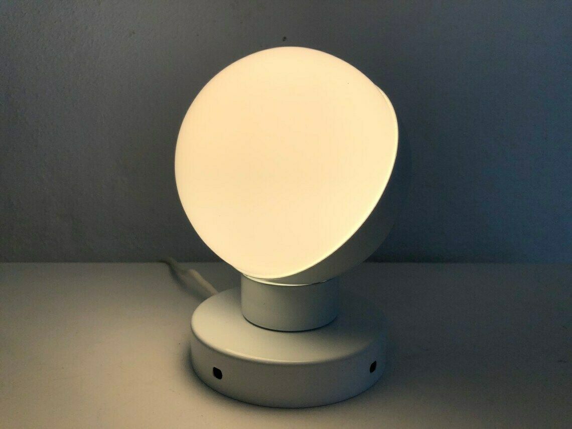 Danish Vintage Minimalist Space Age Ball Table Or Wall Lamp With Eclipse Effect In Opal Glass And White Metal photo for sale