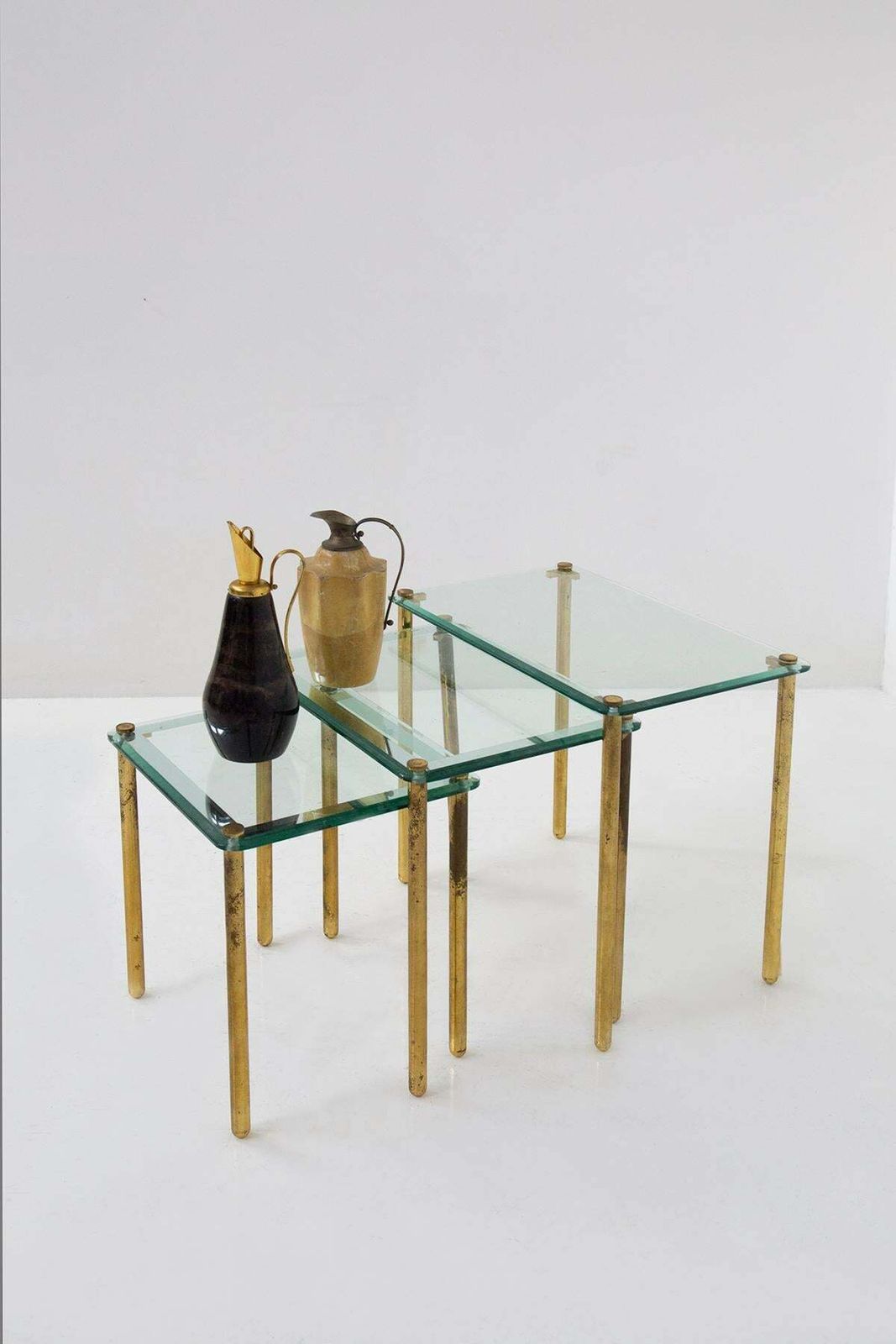 Triptych Of Vintage Italian Coffee Tables In Thick Glass And Brass photo furniture