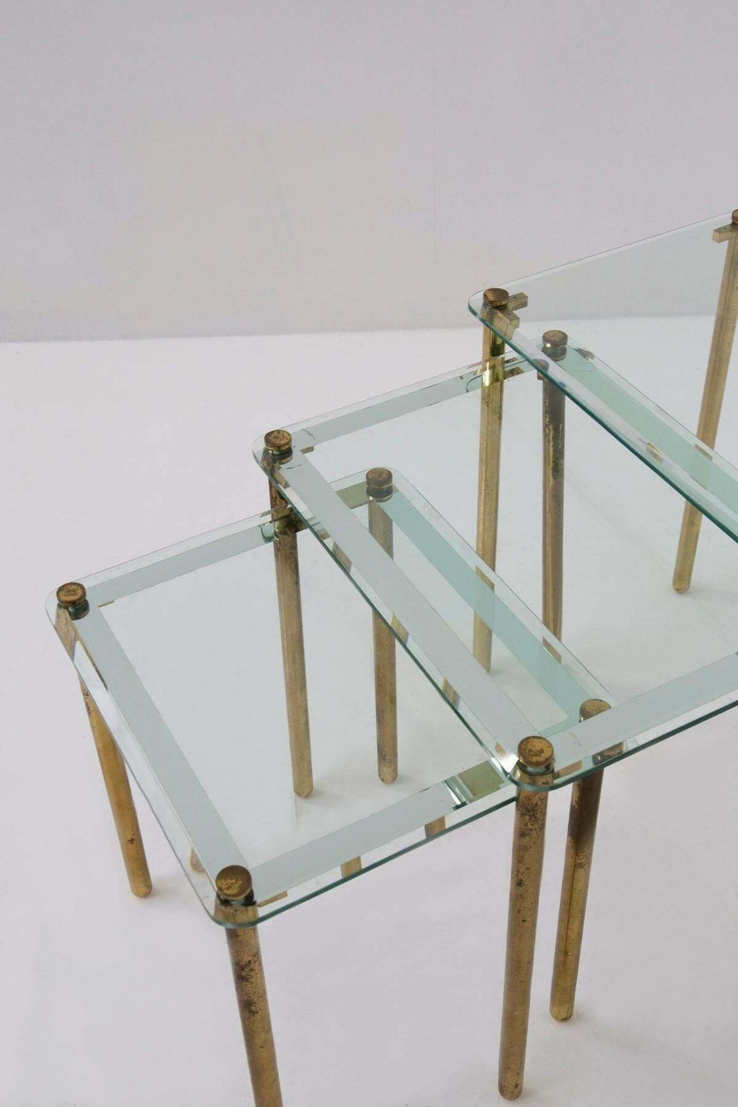 Triptych Of Vintage Italian Coffee Tables In Thick Glass And Brass photo for sale