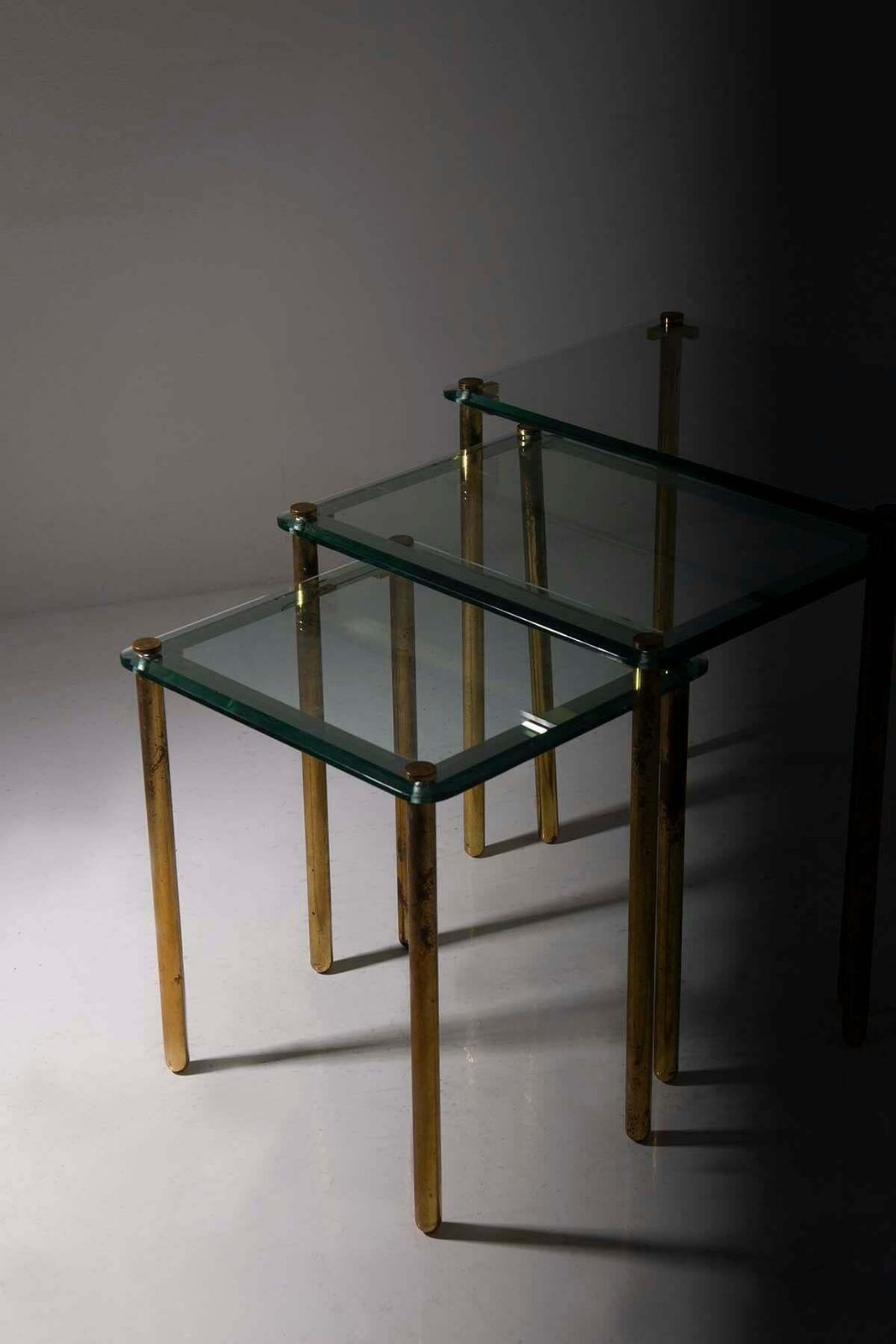 Triptych Of Vintage Italian Coffee Tables In Thick Glass And Brass photo buy