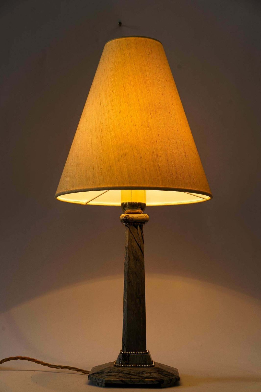 photo furniture Art Deco Marble Table Lamp With Brass Parts And Fabric Shade Vienna Around 1920s