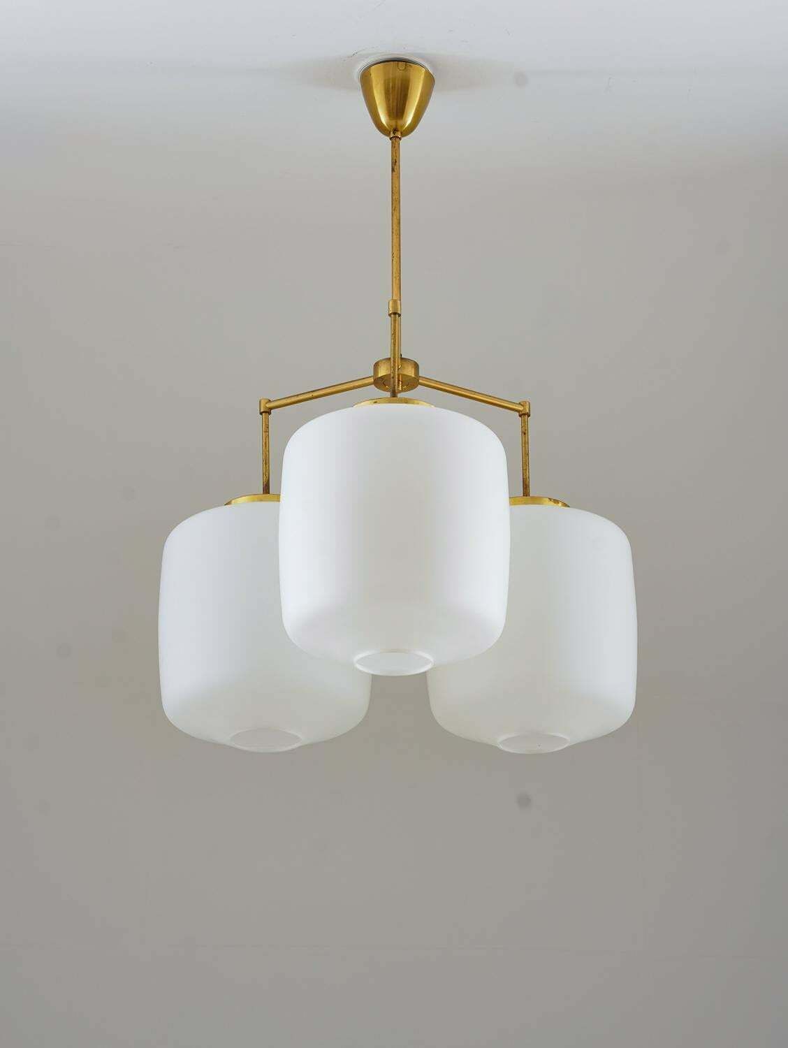 Large Chandelier In Brass And Opaline Glass By Høvik Lys, Norway photo for sale