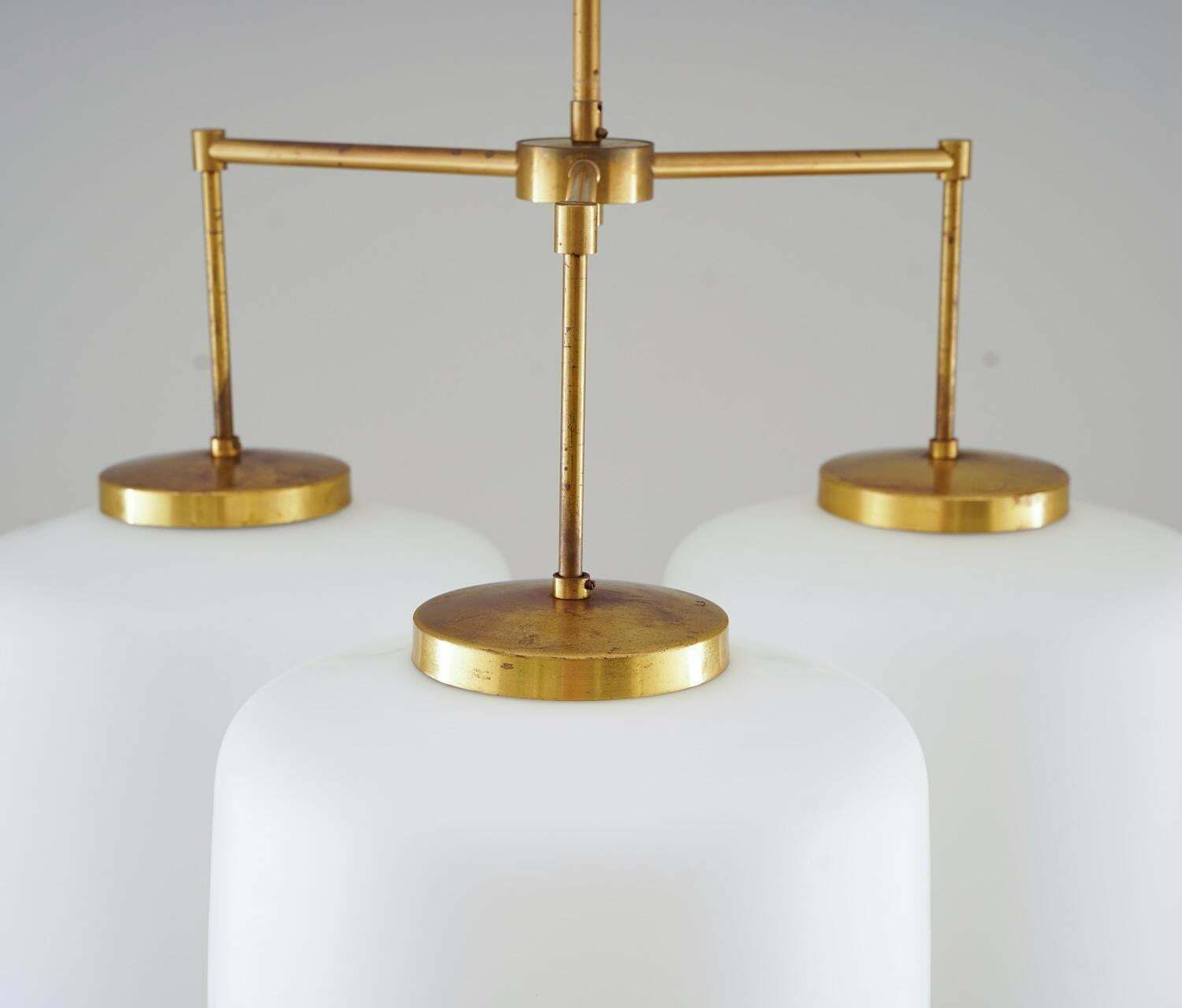 Large Chandelier In Brass And Opaline Glass By Høvik Lys, Norway photo Lighting