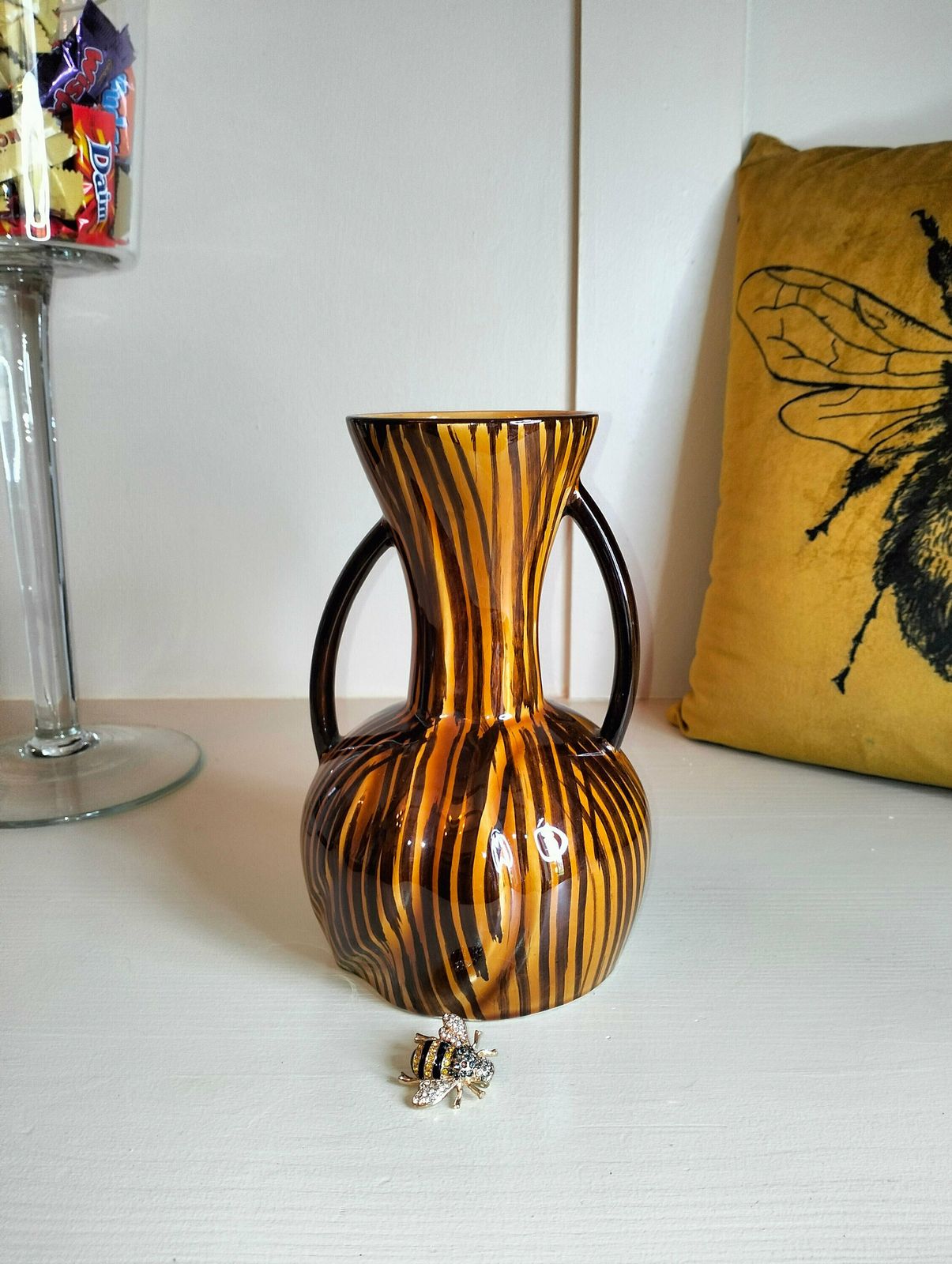 Vintage French Vase, Retro Vase, Brown Vase Domino Pattern By Sarreguemines France, Sarreguemines Domino Asymmetrical Ribbed Vase photo for sale