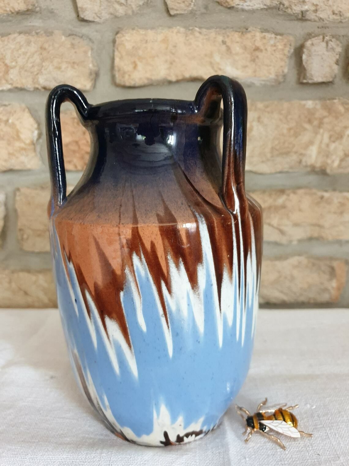 Ceramic Three Handled Jug, Blue White Brown Jug, Stoneware, Ceramic Vase, Vintage Vase photo buy
