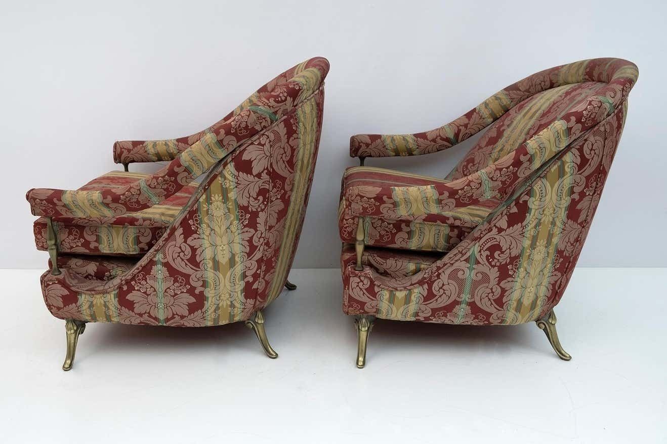 Pair Art Dèco Style French Brass And Fabric Armchairs, 1950s photo vinterior