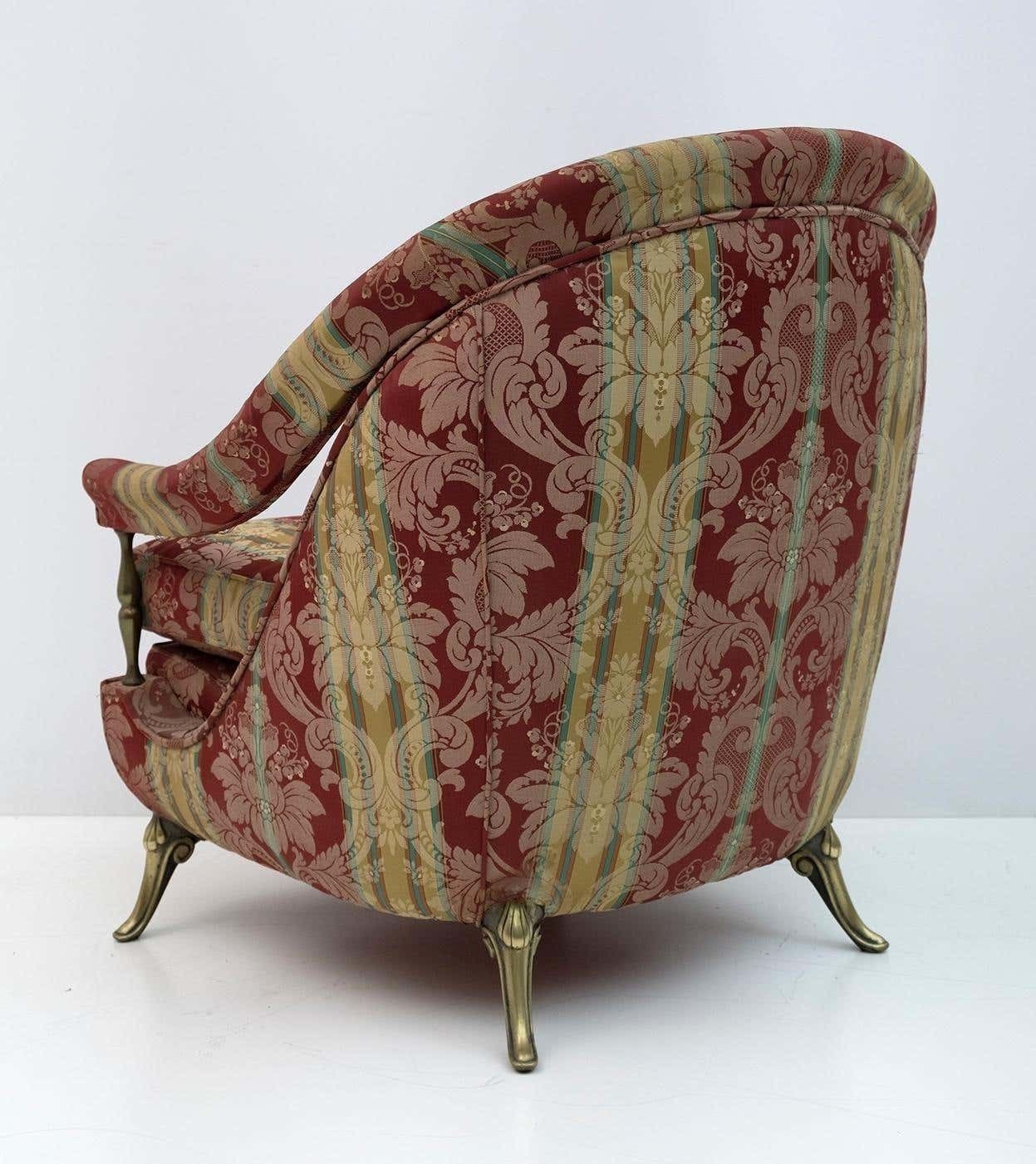 Pair Art Dèco Style French Brass And Fabric Armchairs, 1950s photo vintage