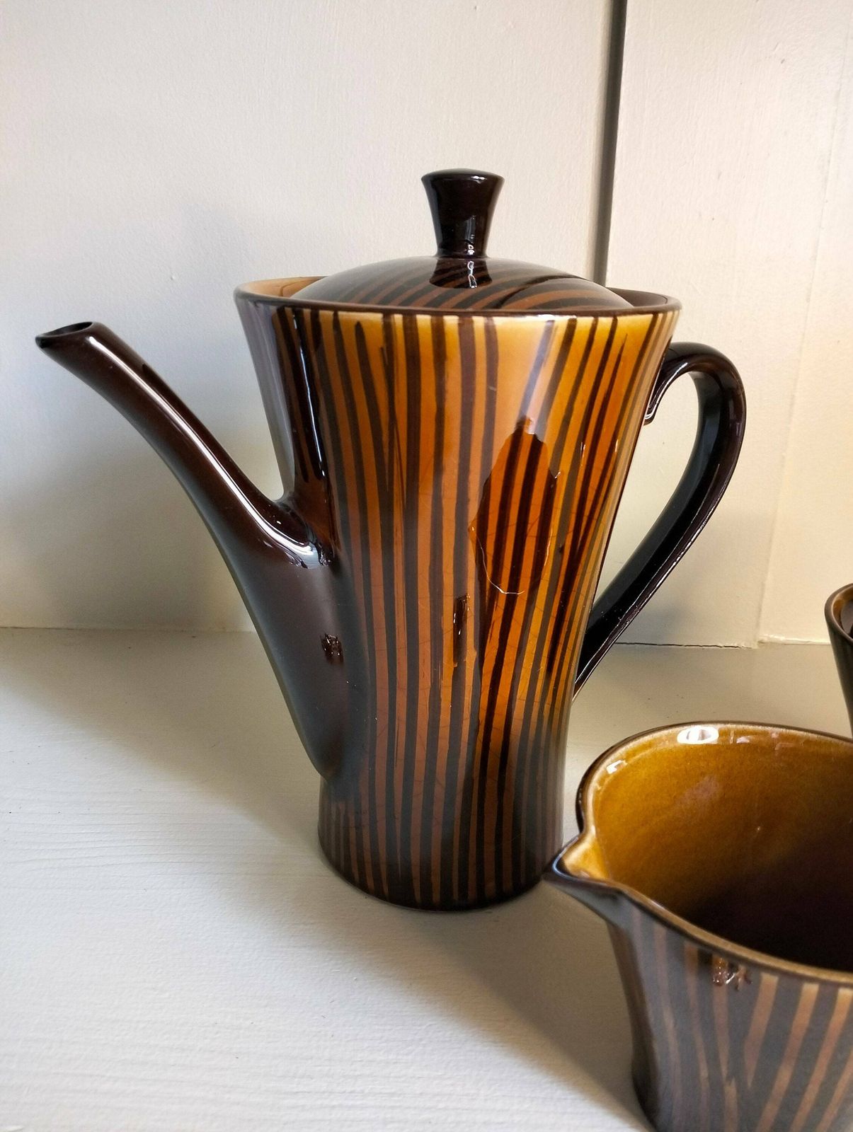 Vintage French Coffee Set, Vintage Sarreguemines Rare Domino Design Coffee Set, Vintage Coffee Pot, Sugar Bowl And Milk Jug photo furniture