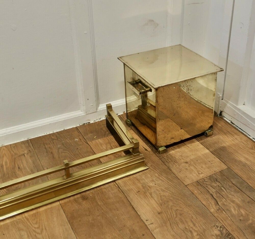 Arts And Crafts Brass Fender With Coal And Log Boxes photo for sale