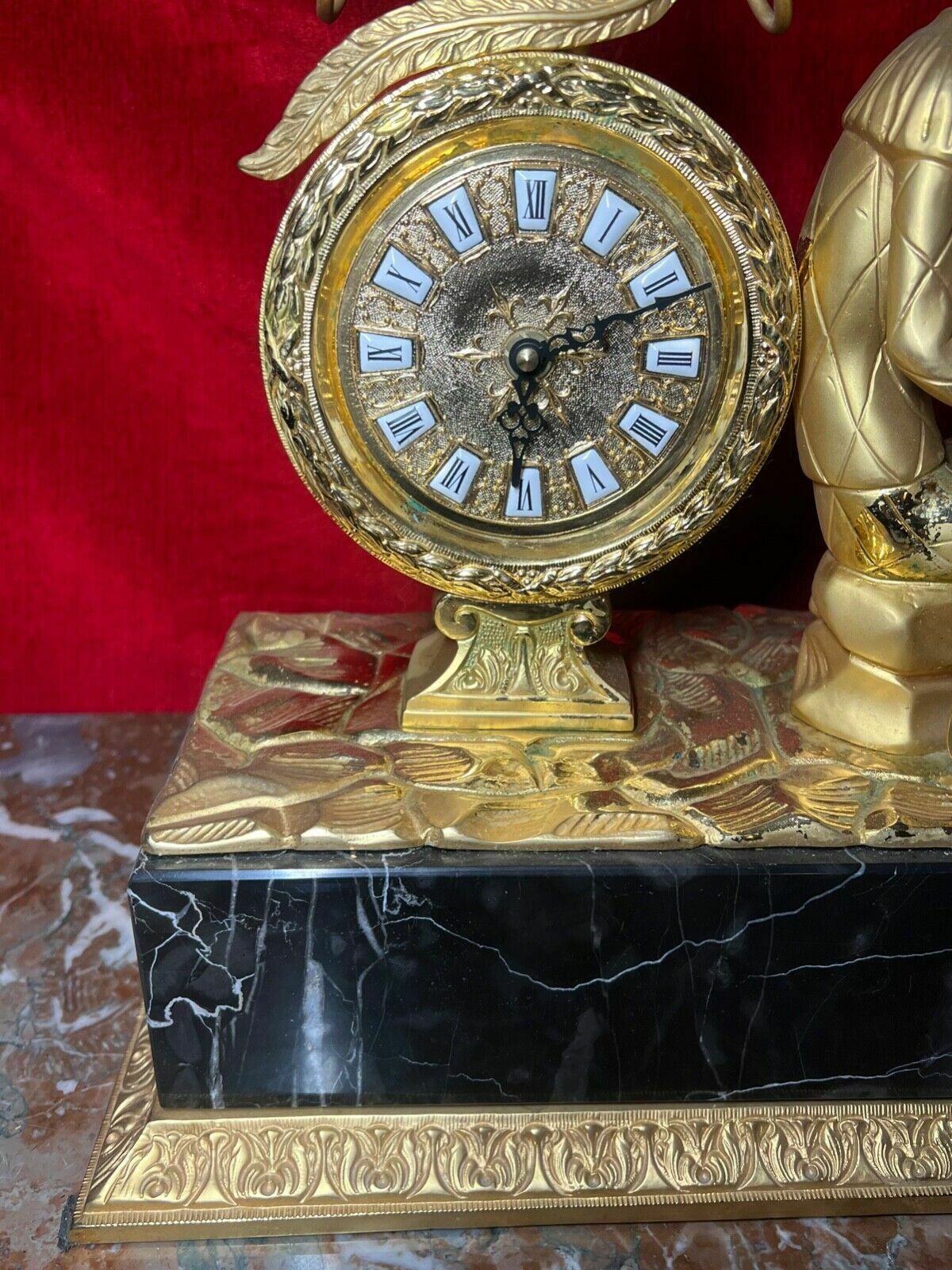 Italian Empire Figural Salon Clock Of Posed Court Jester With Loot photo for sale