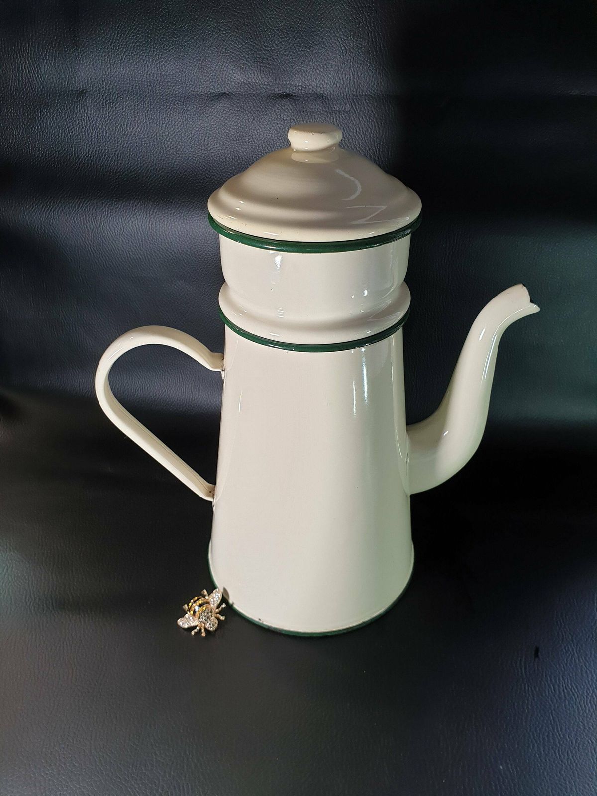 French Vintage Enamel Cafetiere, Enamel Cream Coffee Pot, Antique Enamelware, Enamelware Coffee Pot, Vintage French Enamelware