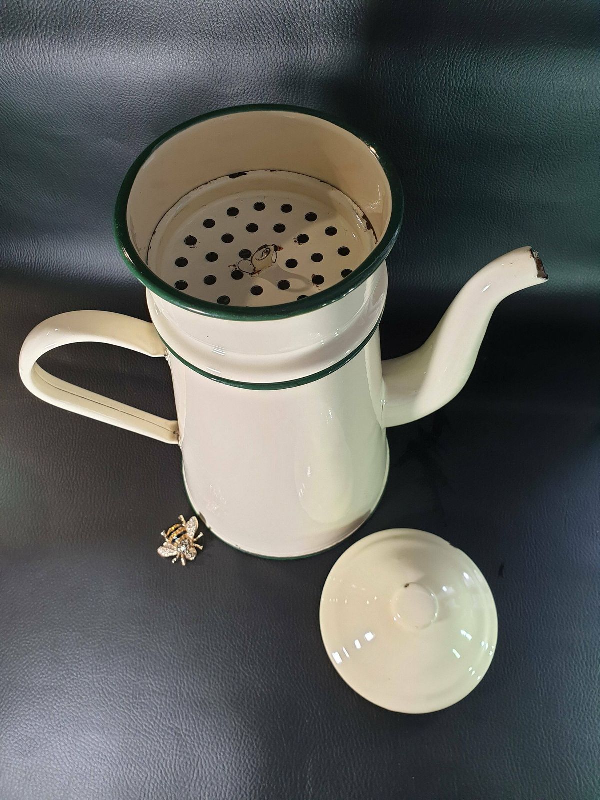 French Vintage Enamel Cafetiere, Enamel Cream Coffee Pot, Antique Enamelware, Enamelware Coffee Pot, Vintage French Enamelware photo 83.75