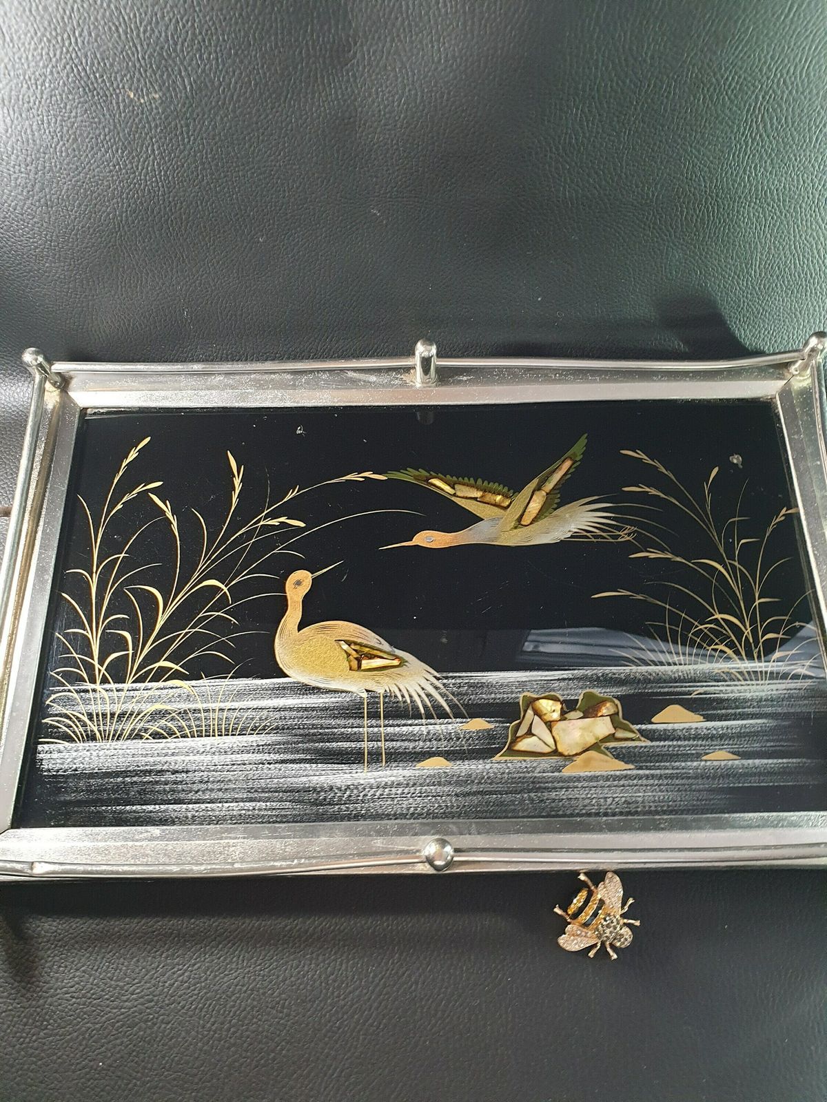 Vintage Serving Tray, Inspired Dressing Table Candle Display, Drinks Tray, Distressed Silver Tray, Japanese Mother Of Pearl Inlay photo Home Decor
