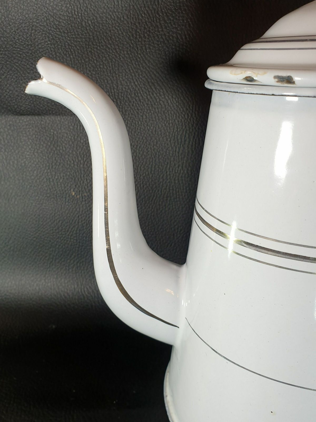 Enamel French White Coffee Pot, Antique Enamel Enamelware Coffee Biggin, White Enamel Coffee Pot, Vintage French Enamelware photo for sale