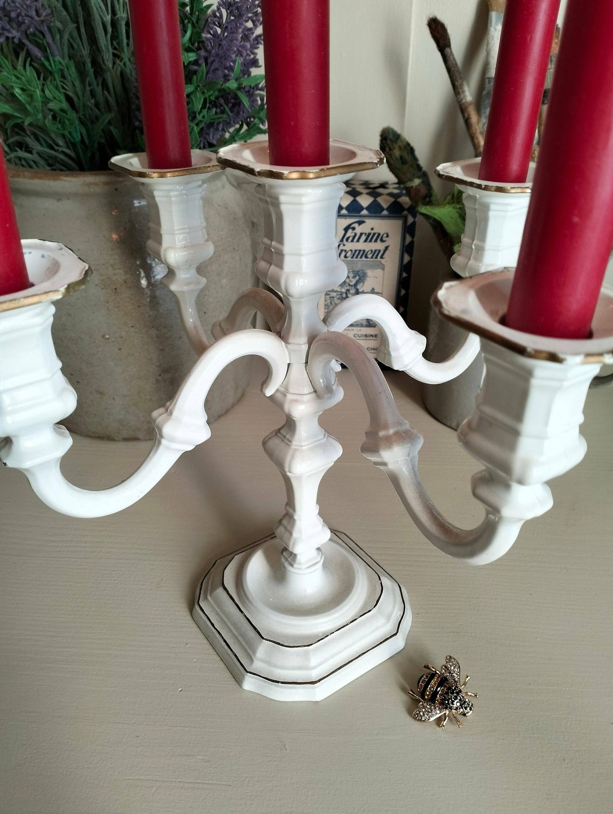 French Vintage Candelabra, Vintage French White Candlestick, White And Gold Candelabra photo furniture