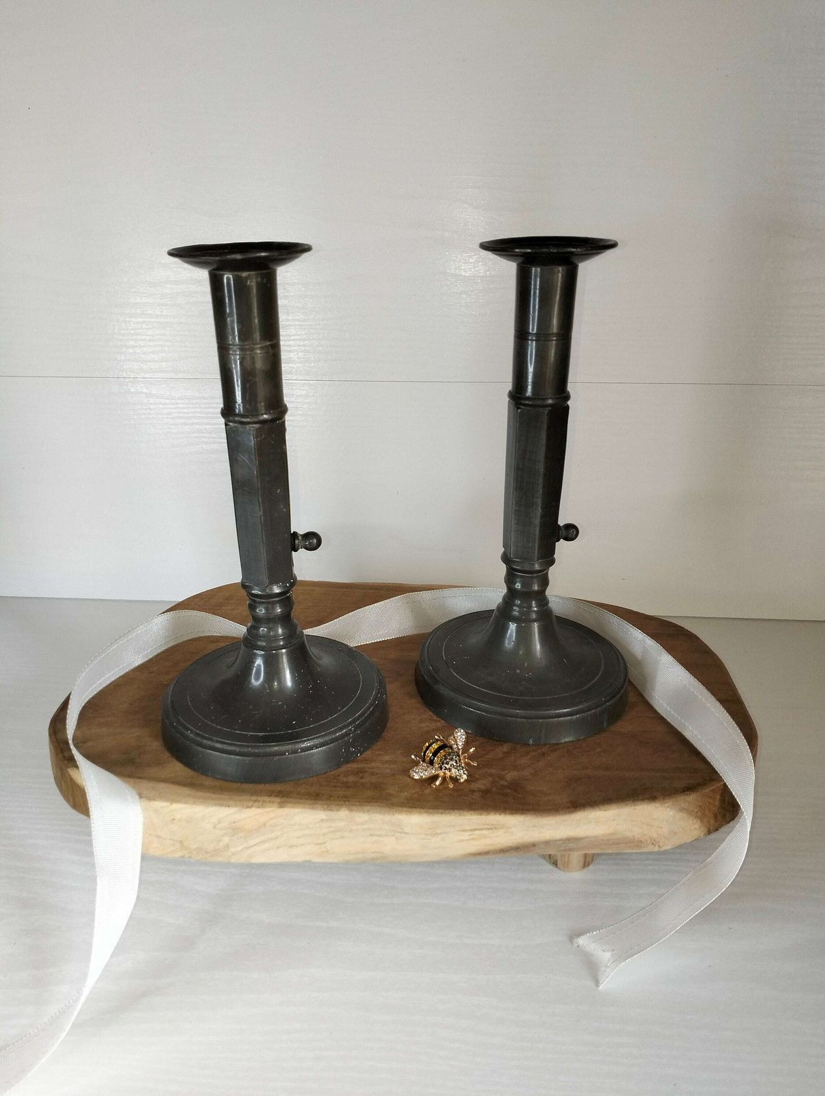 Vintage French Pewter Candlesticks, Candlestick Holders, Pair Of Heavy Solid Pewter Vintage French Candlesticks