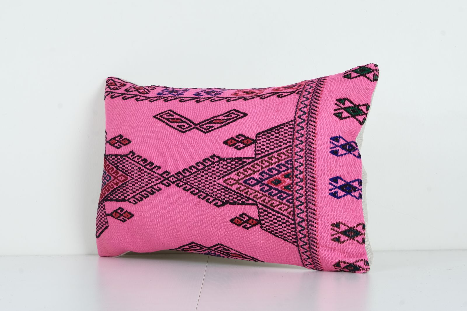 Tribal Farmhouse Pink Kilim  Lumbar Pillow Cover   Unique Handwoven  Cover For Rustic Home 16'' X 24'' photo Textiles