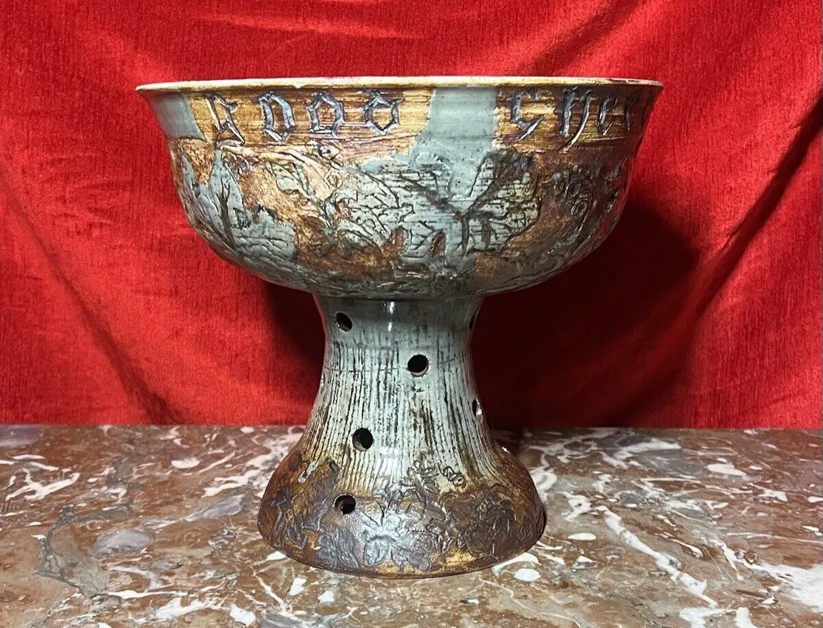 Large Cornish Studio Pottery 'Good Cheer Upon This House' Fruit Bowl