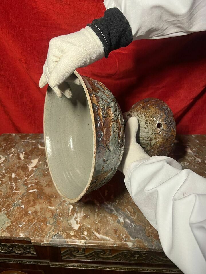photo vintage Large Cornish Studio Pottery 'Good Cheer Upon This House' Fruit Bowl