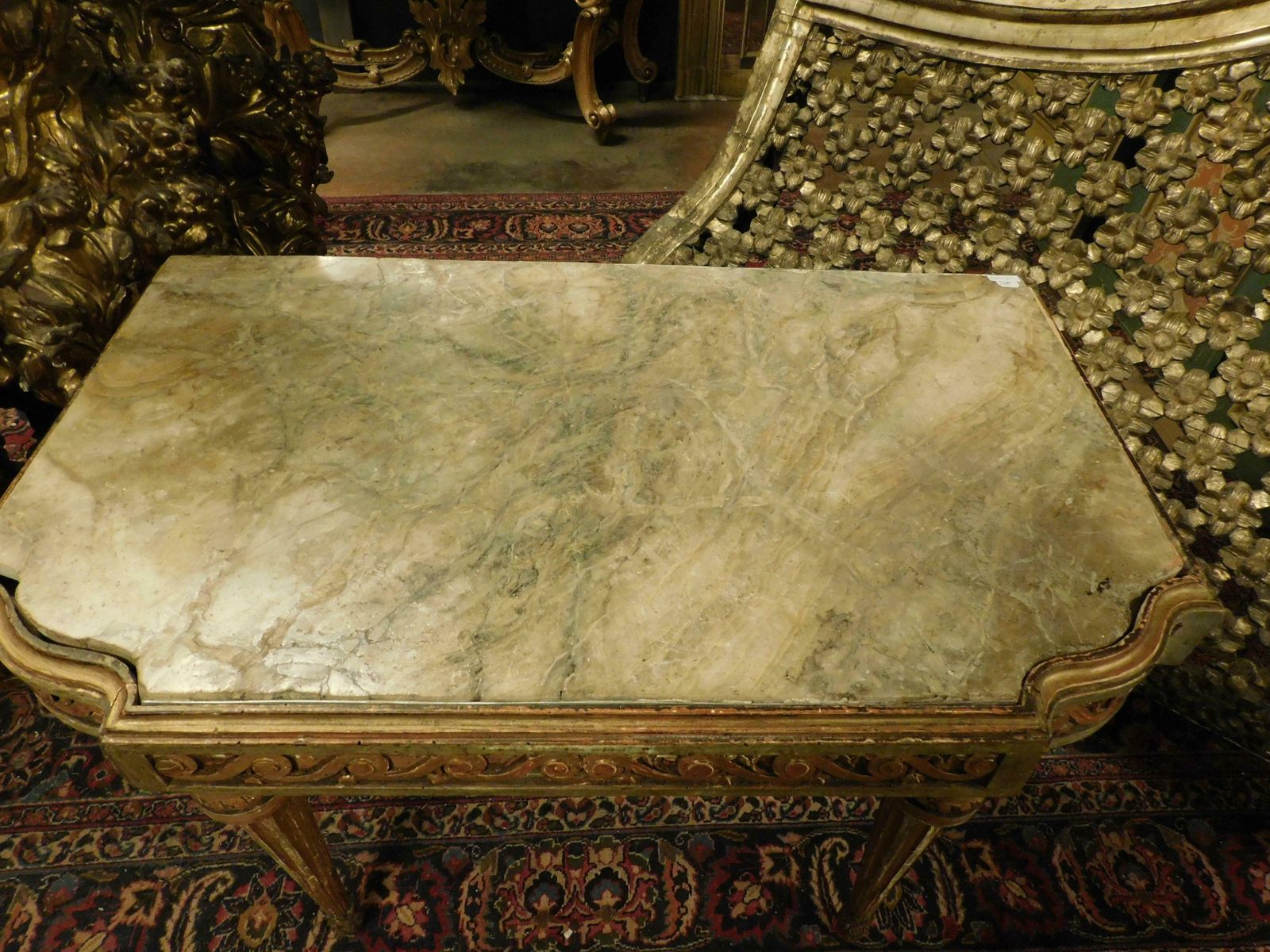 photo vinterior Console Table In Lacquered And Gilded Wood With Floral Motifs, Alabaster Top