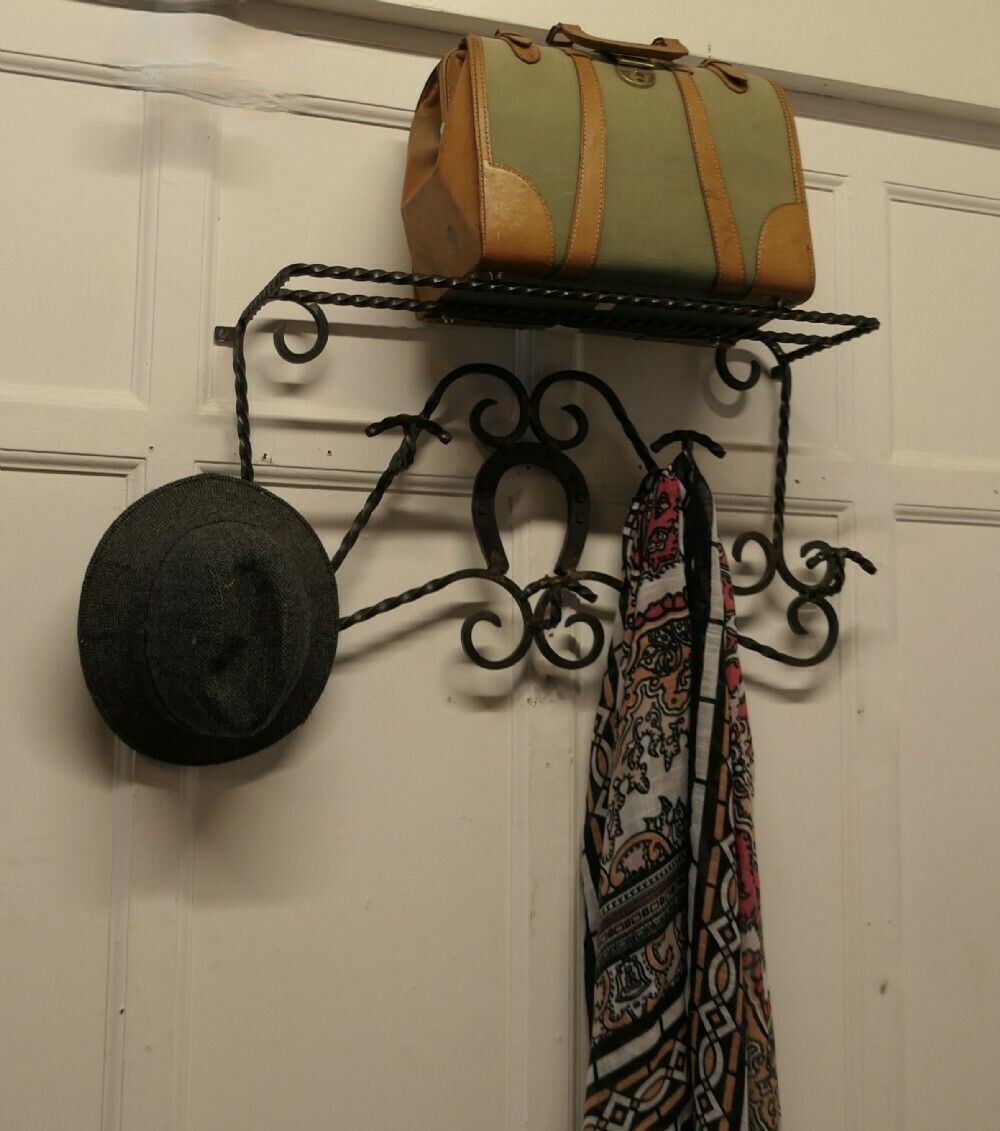 French Wrought Iron Wall Hanging Rack For Coats And Tack On A Horse Riding Theme photo vinterior