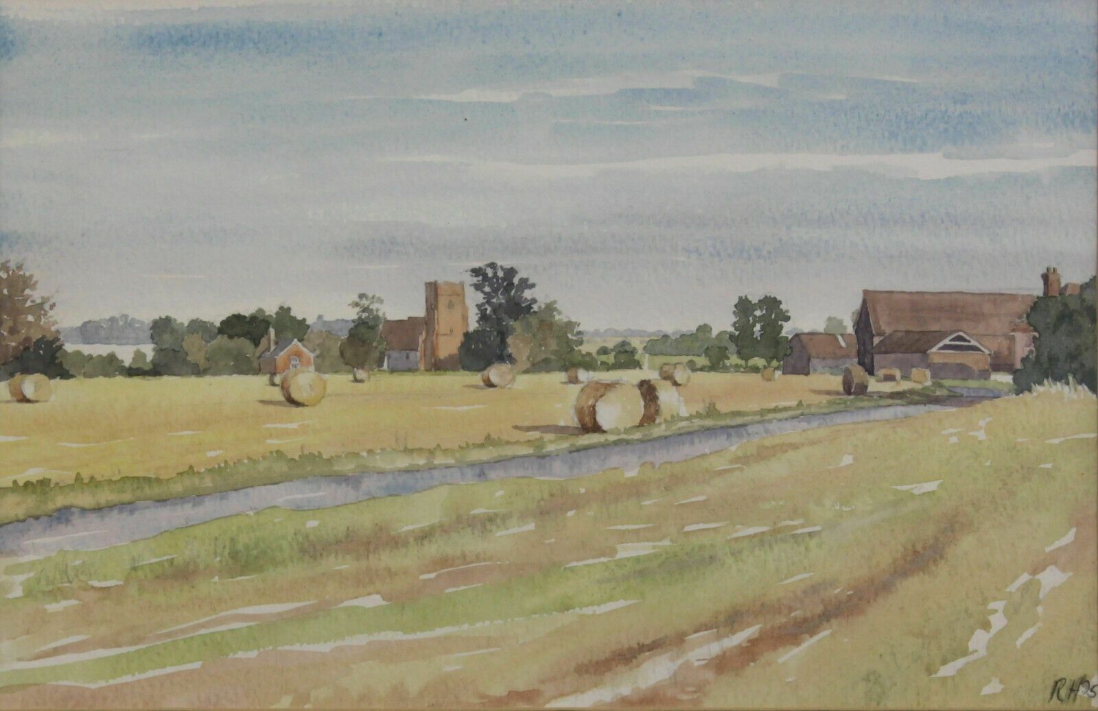 Watercolour By Rosemary Humphries. Countryside Scene With Hay Bales photo furniture