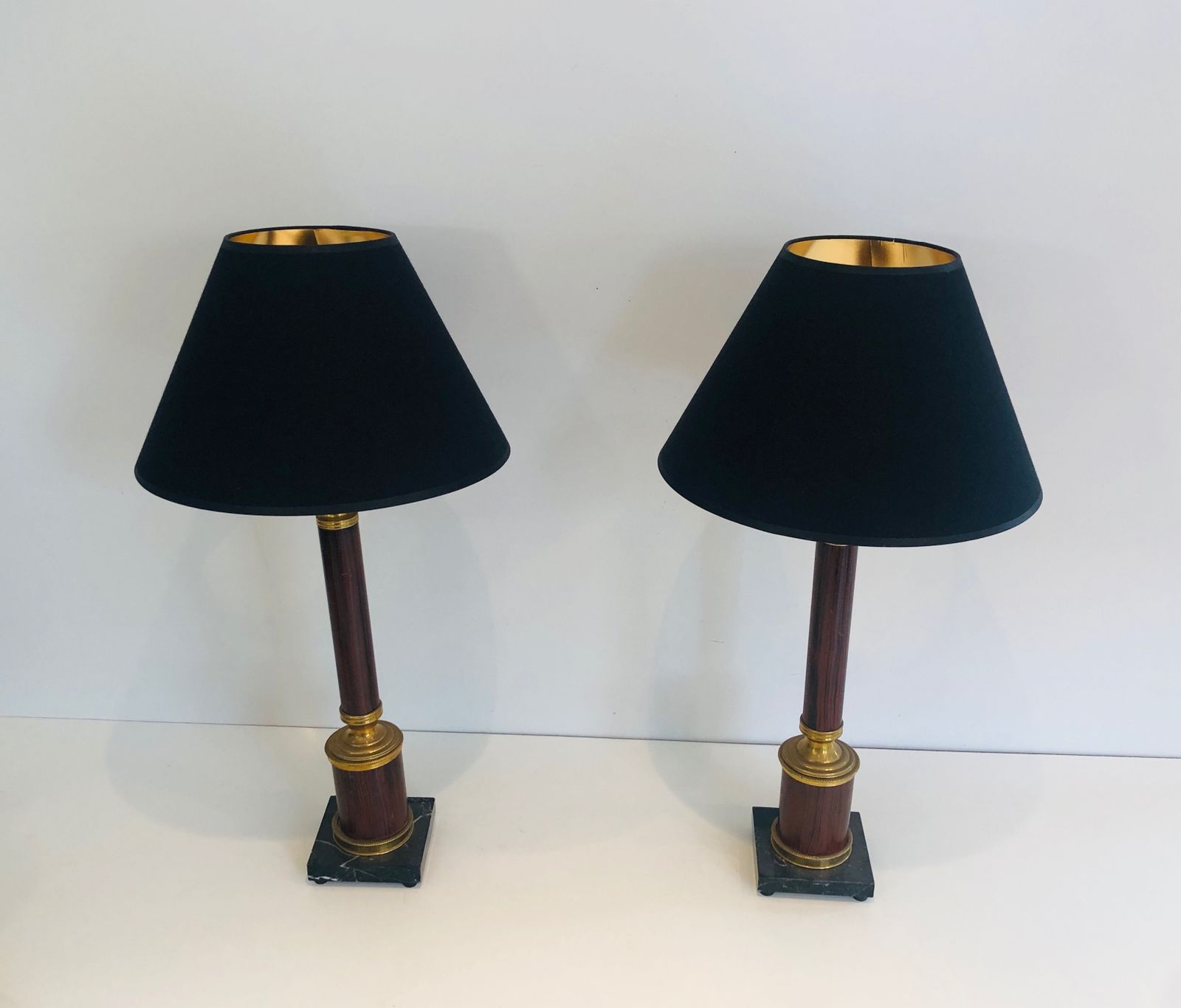 Pair Of Neoclassical Style Faux Wood Lamps In Metal And Brass photo for sale