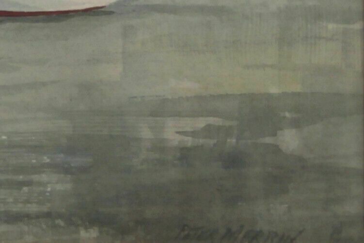 Watercolour By Peter Merrin. Boats Moored On A Riverbank photo for sale