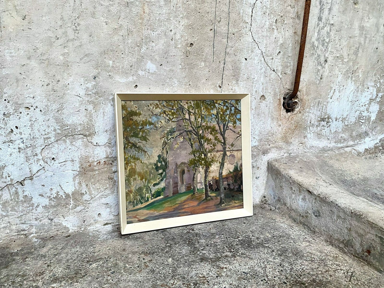 Vintage Original Church Landscape Painting
