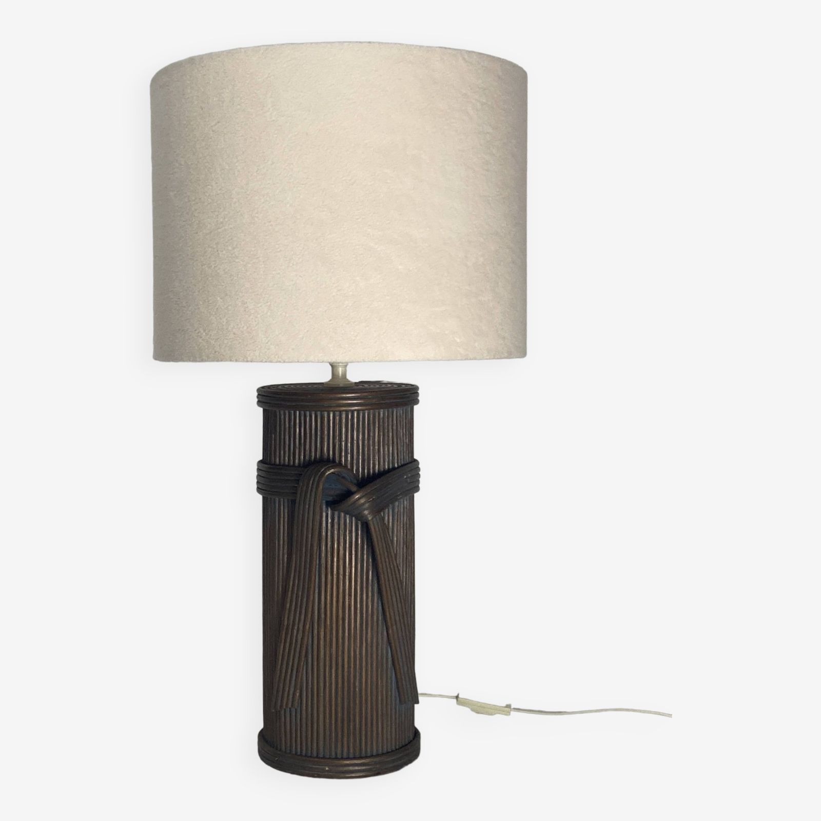 Large Pencil Reed Rattan Bamboo Pillar Table Lamp, Bouclé Shade, Italy 1970s