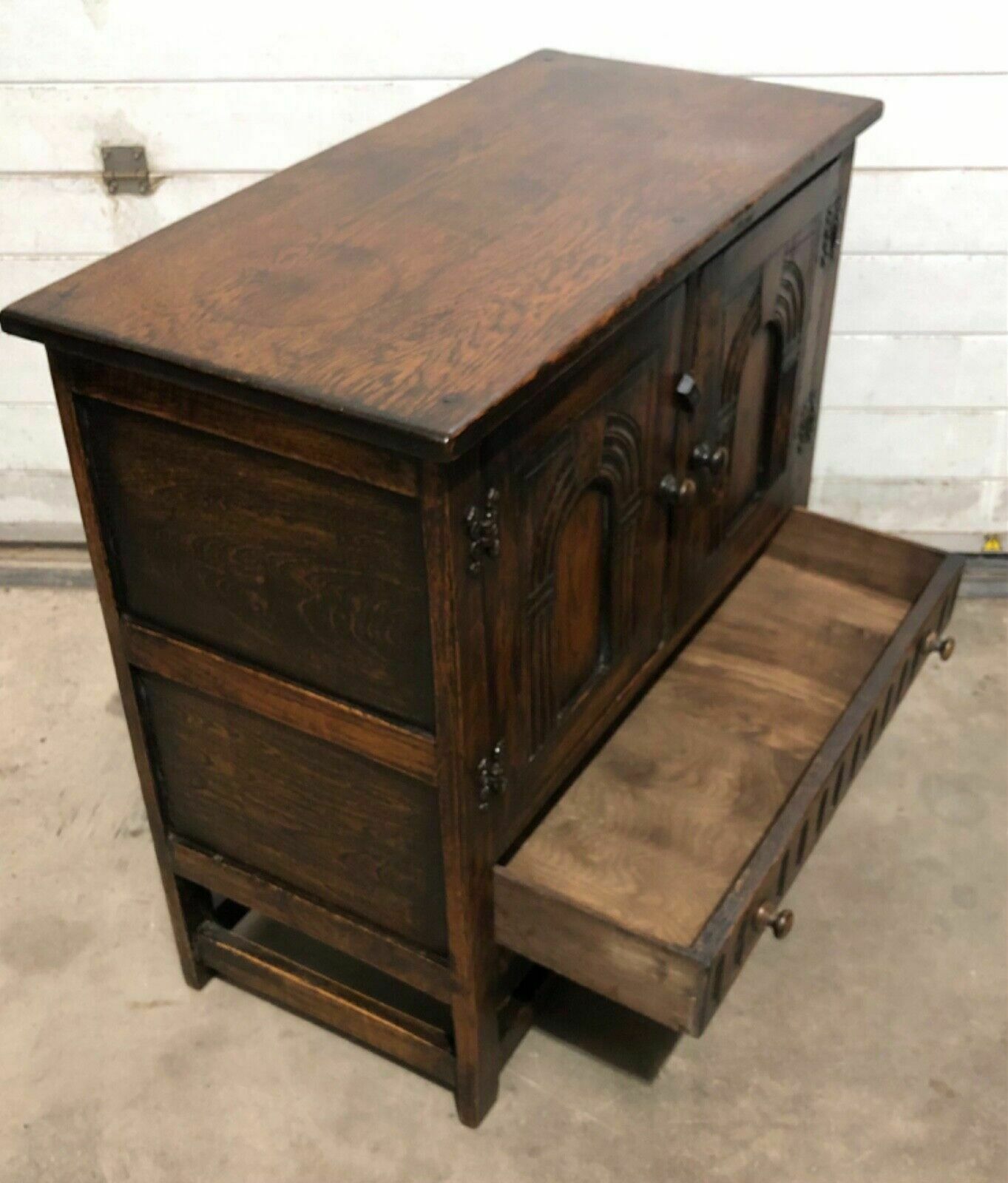 369.0 Handsome Vintage Carved Oak Cabinet photo