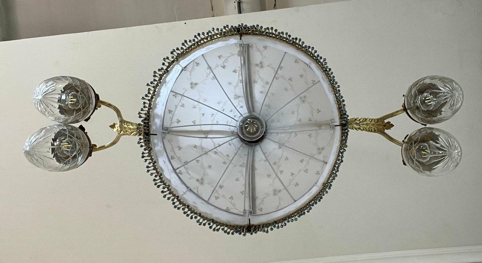 2080.0 Art Nouveau Brass Chandelier, With A White And Gold Tulle Fabric Lampshade photo