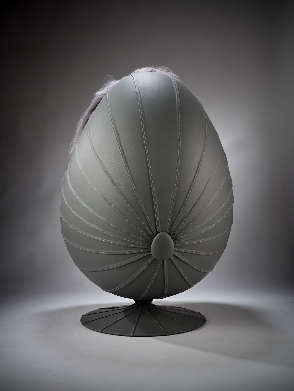 Vintage Music Egg Pod Chair In The Manner Of Arne Jacobsen Covered In Grey Leather & Longhaired Icelandic Sheepskin With Bluetooth Speaker. photo Furniture