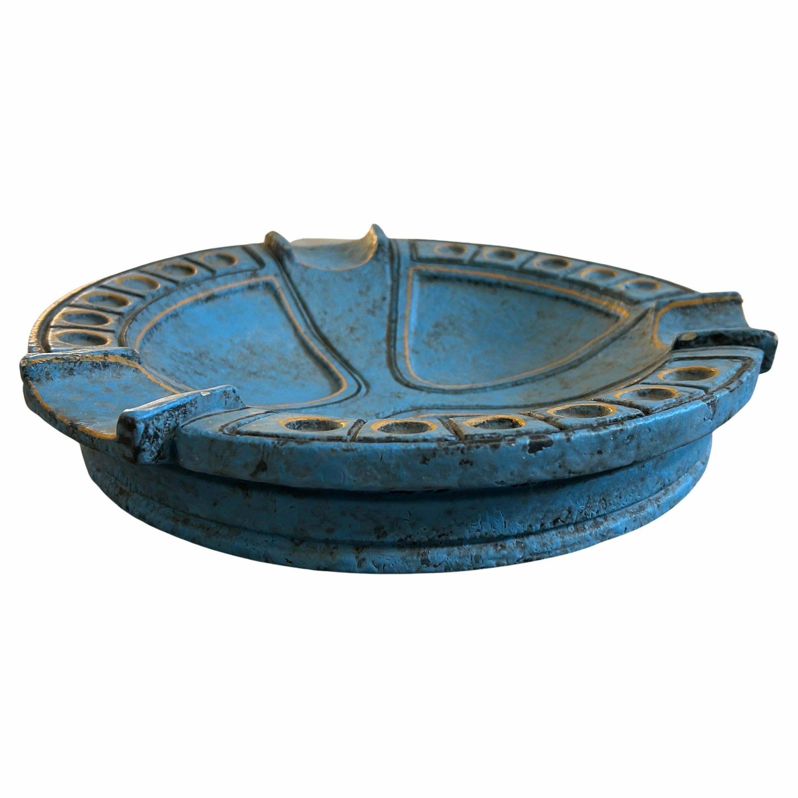 1969 Etruscan Inspired Blue And Yellow Ceramic Italian Ashtray By Casucci photo buy
