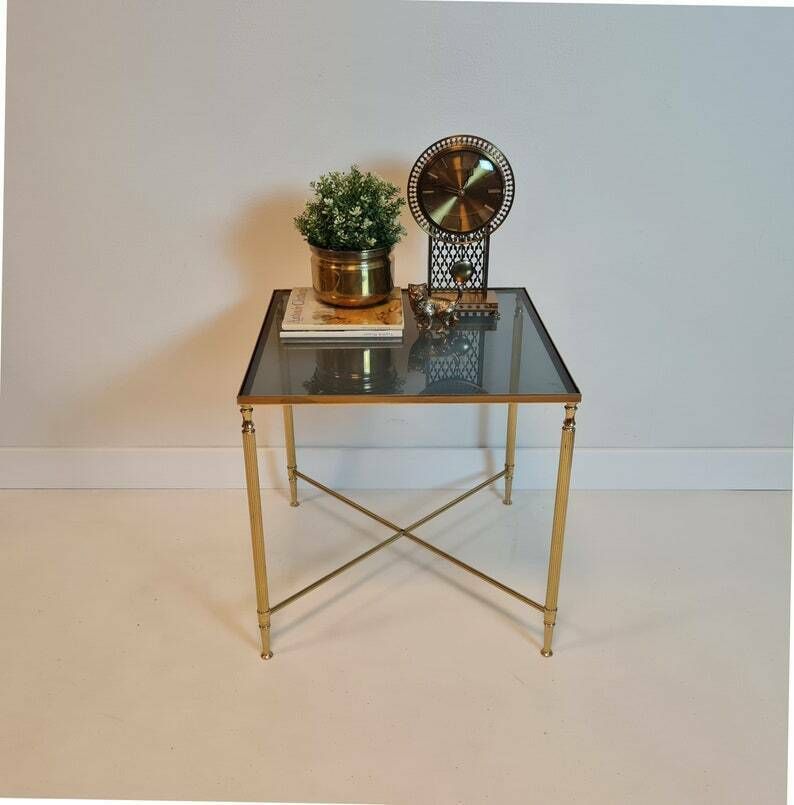 Vintage Hollywood Regency Table Gold Brass And Gray Glass Mcm
