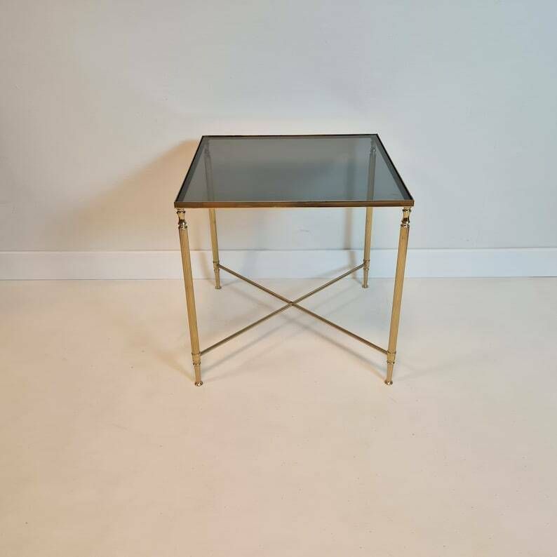 Vintage Hollywood Regency Table Gold Brass And Gray Glass Mcm photo for sale