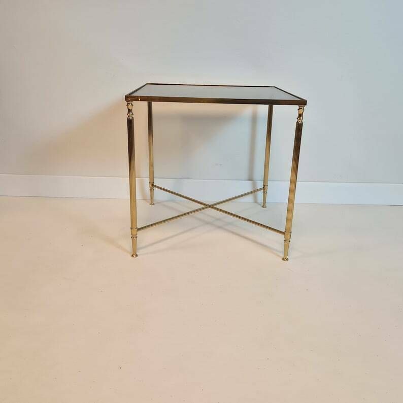 Vintage Hollywood Regency Table Gold Brass And Gray Glass Mcm photo Furniture