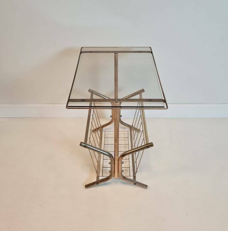 Vintage Mid Century Modern Brass And Glass Table With Basket For Magazines Mcm photo Furniture