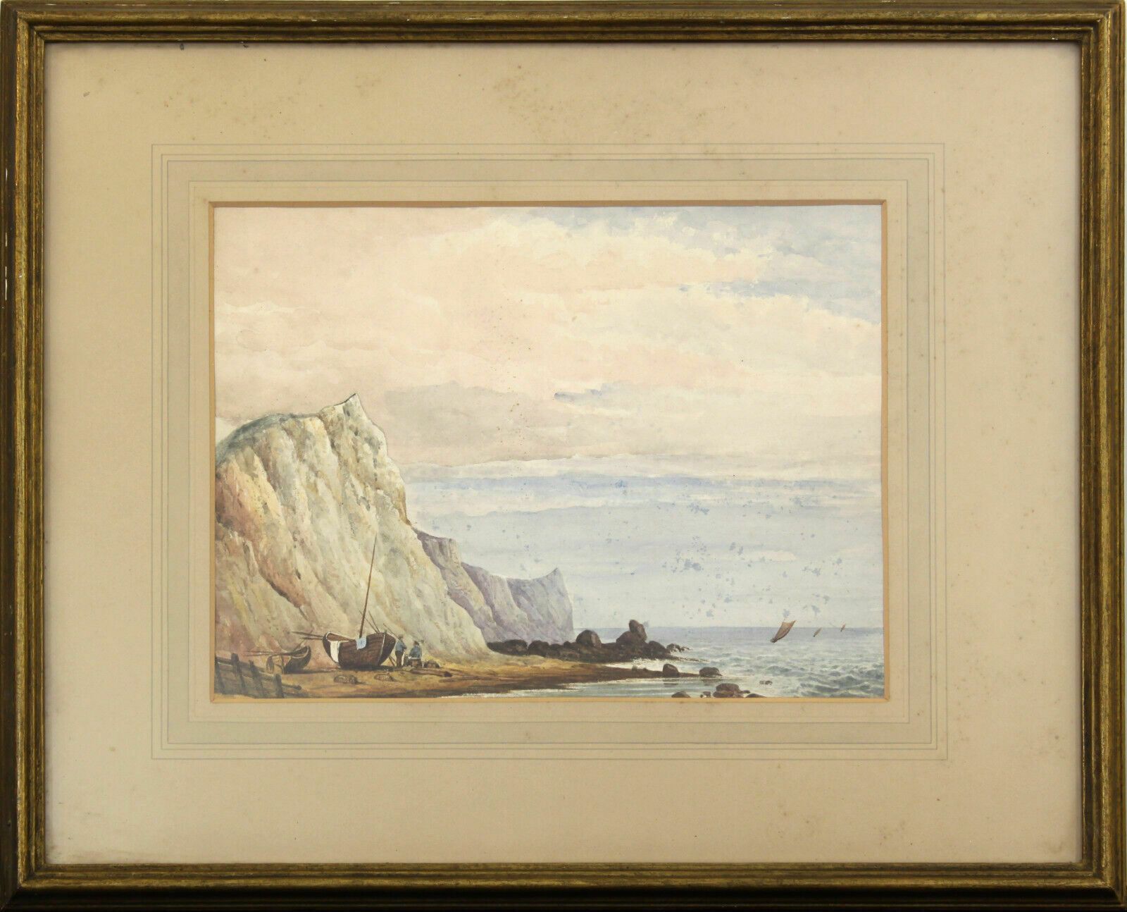 19th Century Watercolour By Unknown Artist. Crab Boats Below Cromer Cliffs