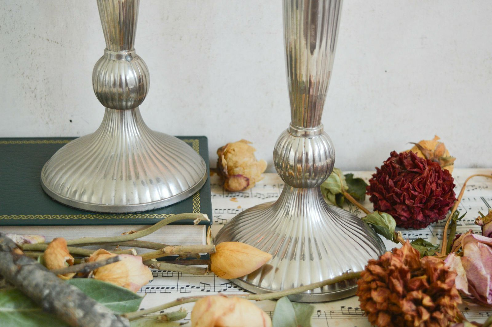 Rare Vintage Tall Pair Silver Ribbed Candleholders, Set Of 2 Heavy Aluminium Buffett Candlesticks 34x12 Cm photo Home Decor