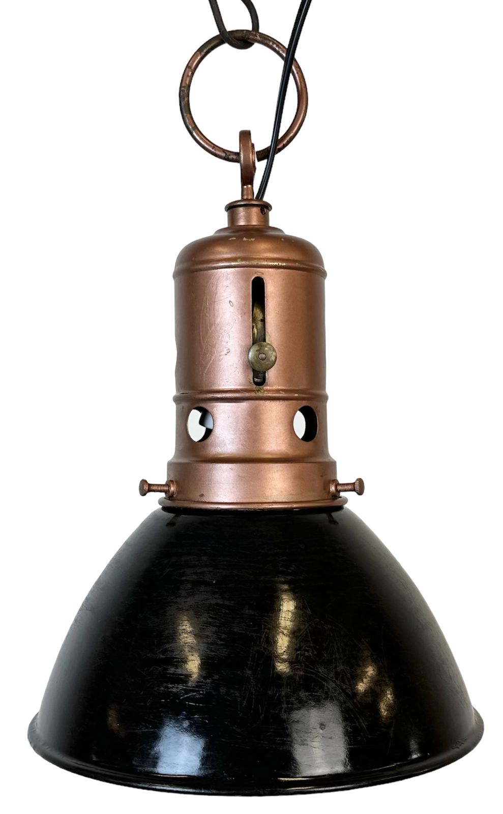Industrial Italian Black Enamel Factory Lamp With Iron Top, 1950s, 2x