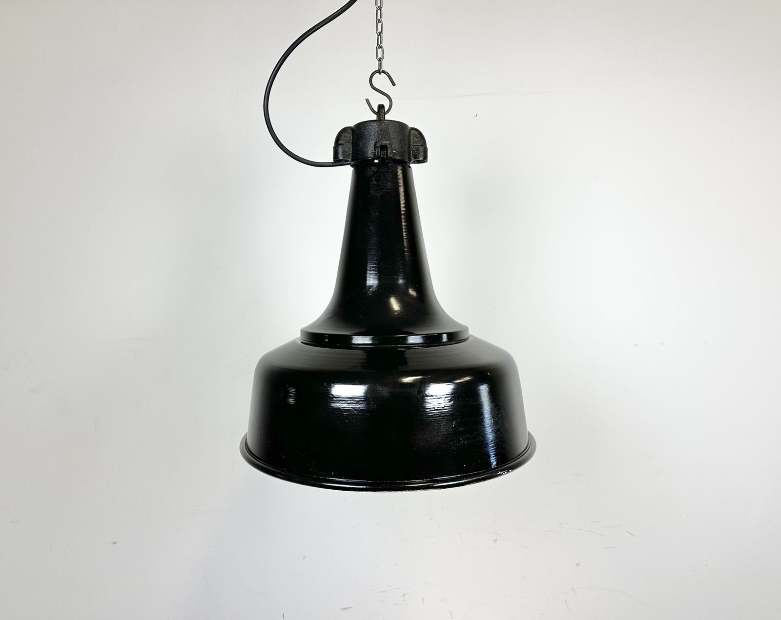 Industrial Black Pendant Factory Lamp With Cast Iron Top, 1970s, 2x photo Lighting